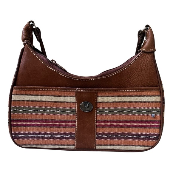Handmade in Guatemala woven shoulder bag – boho western stripes, brown trim, sma - Picture 2 of 9